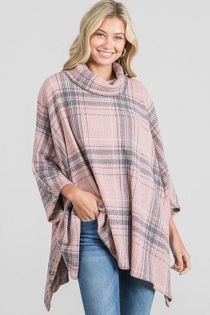 Waffle brushed plaid cowl neck ...